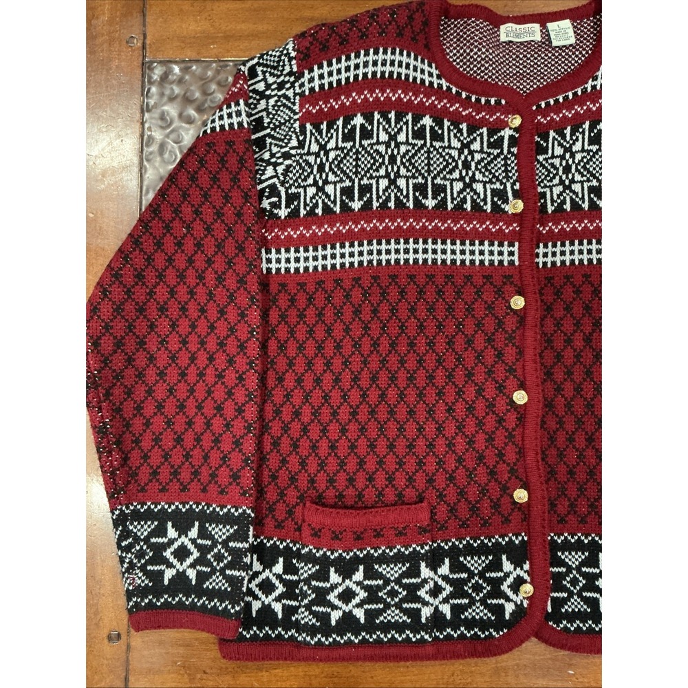 Vintage Fair Isle Cardigan Sweater, Large, Burgundy, Snowflakes - Picture 4 of 9